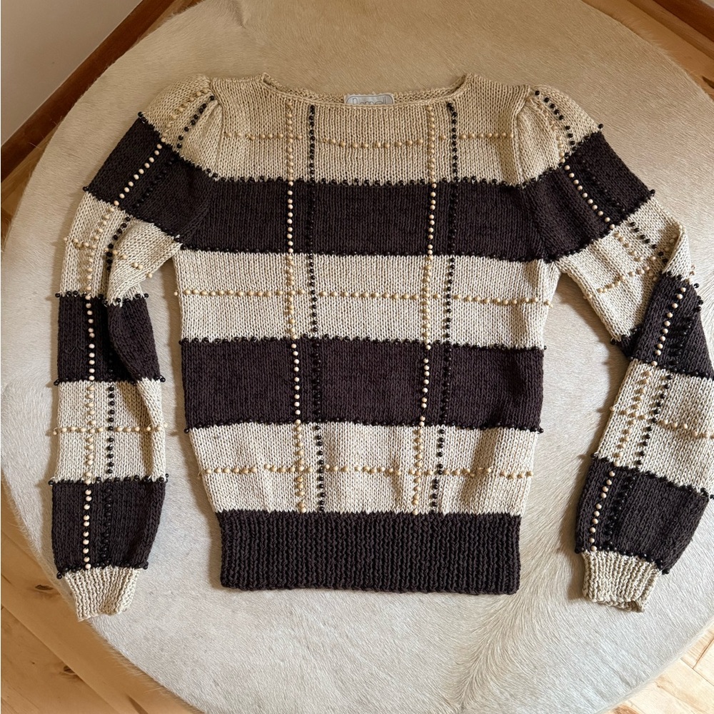 Chocolate Brown and Cream Striped Sweater w tiny wooden beads- Vintage Nannell - Picture 5 of 15